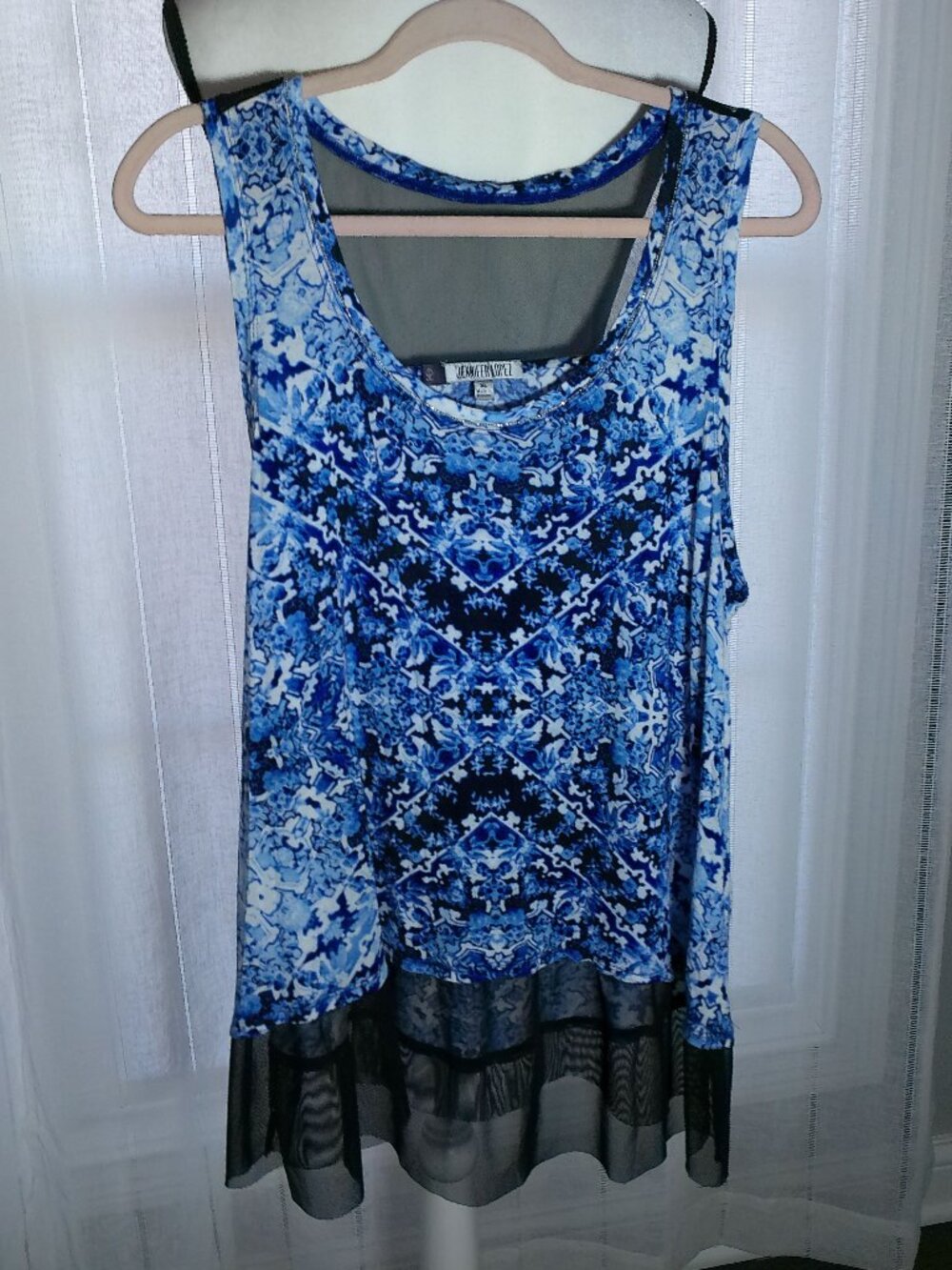 JENNIFER LOPEZ Tunic Top Navy Aztec Design w/Black Mesh Accents NWOT XL